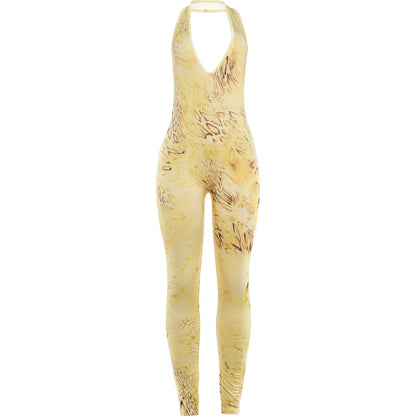 Weird Puss Colorful Print Jumpsuit Women Halter Deep v-Neck Sexy Backless Sleeveless Skinny Peach Hip Street Activity Overalls
