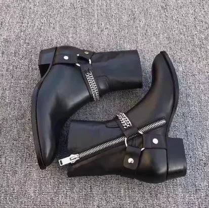 Brown Men Chelsea Boots Handmade High-quality Cow Suede Business Casual Square Toe Mid-heel Men Shoes Motorcycle Boots With Heel