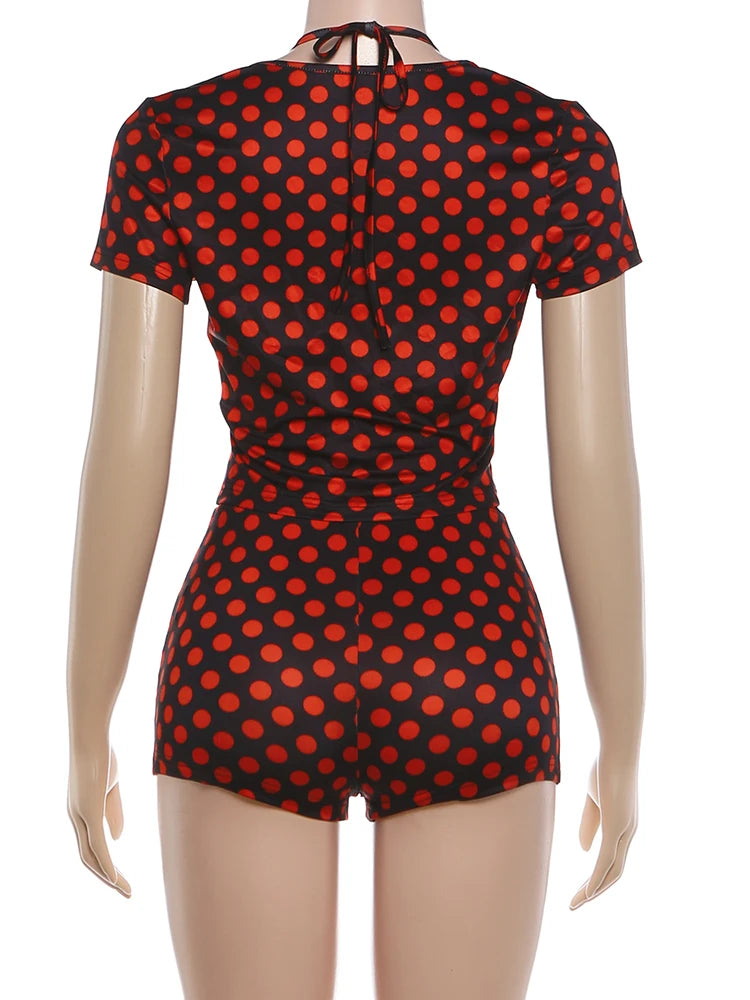 Sisterlinda Sexy Women Polka Dot Print 2 Piece Set Hollow Bandages Low-Neck Tank Top+Bike Short Street Party Vacation Suits