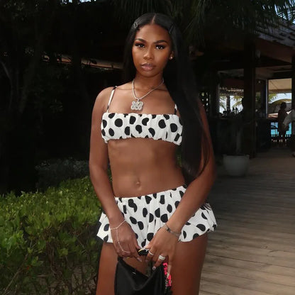FAGADOER Retro Polka Dot Two Piece Sets Spaghetti Strap Ruched Crop Top + Bubble Puff Shorts Outfits Women Holidays Suits