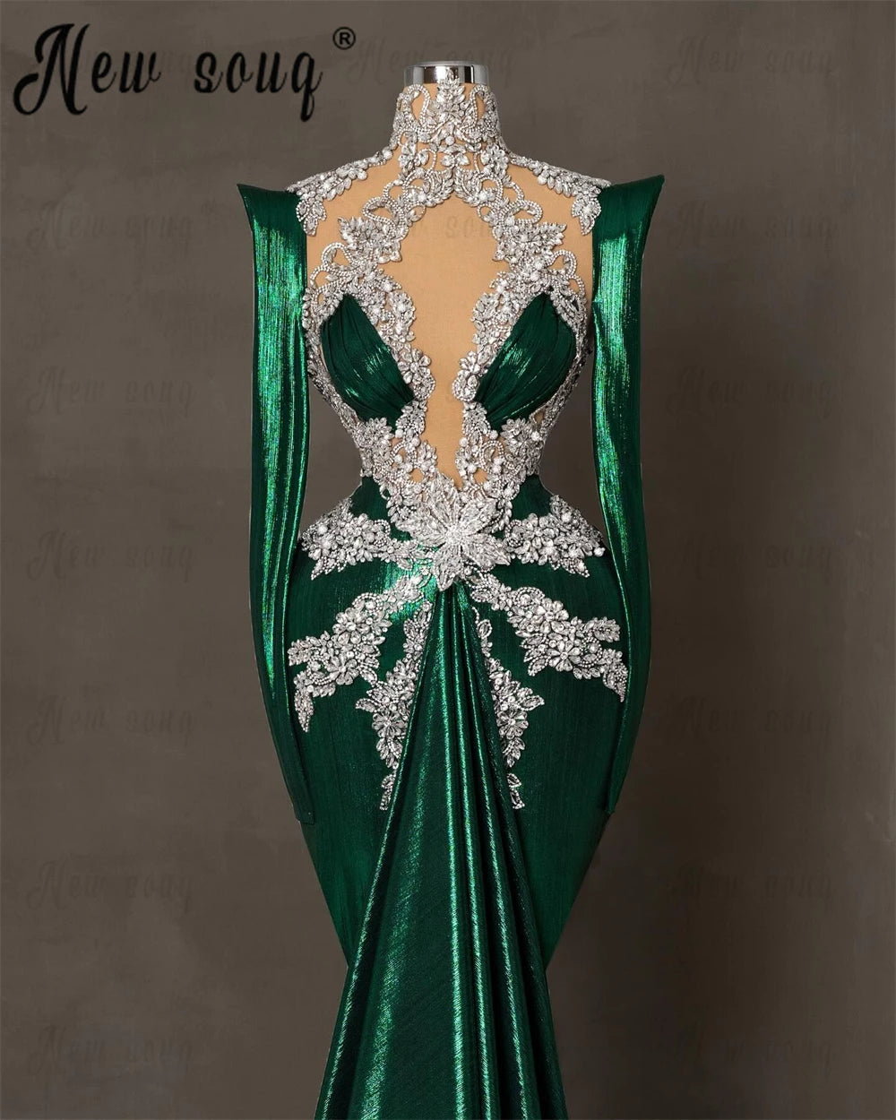 Emerald Green Arabic Long Evening Dress Long Sleeve Pageant Party Dress Women Wedding Prom Dresses Turtle Neck Gown Customized