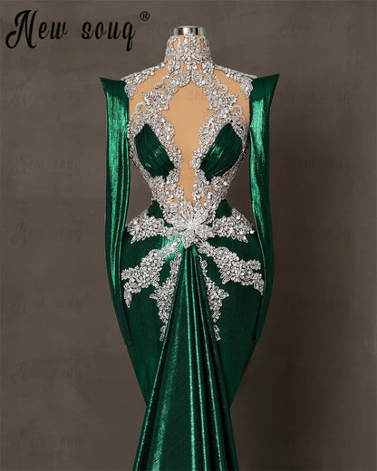 Emerald Green Arabic Long Evening Dress Long Sleeve Pageant Party Dress Women Wedding Prom Dresses Turtle Neck Gown Customized