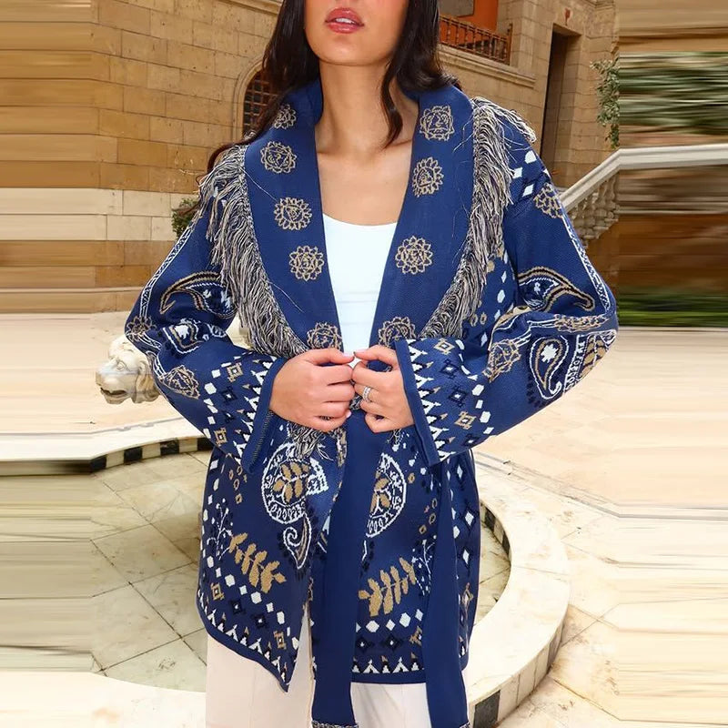 Gem Print Knit Tassel Cardigan Lapel Tie Loose Long Sleeve 2026 Autumn Chic Women Boho Street Daily Fashion Ladies Knitwear