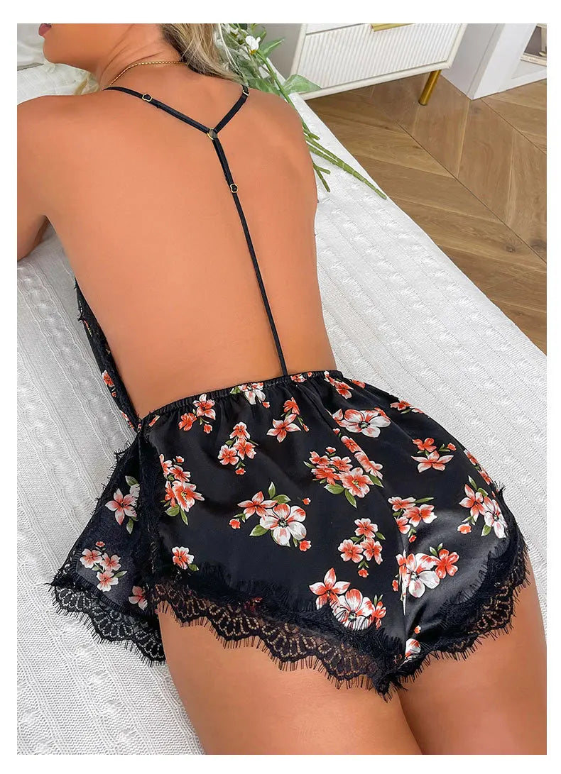 Sexy Adult Womens Clothing Temptation Camisole Shorts Pajamas One-Piece Ice Silk Nightdress Solid Color Print V-Neck Loungewear
