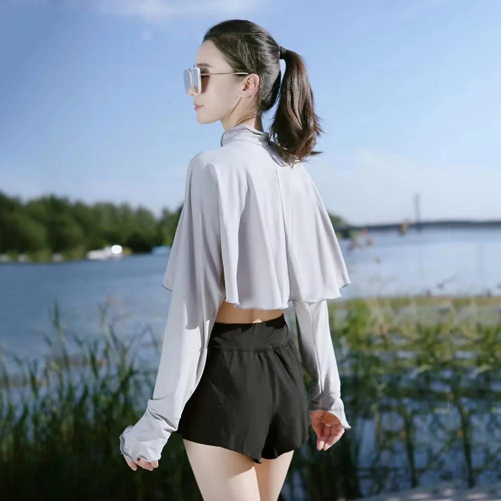 New Casual Women's Sunscreen Shawl Solid Color Breathable Sunscreen Capes Long-sleeve Ice Silk Thin Coat Summer Outdoor