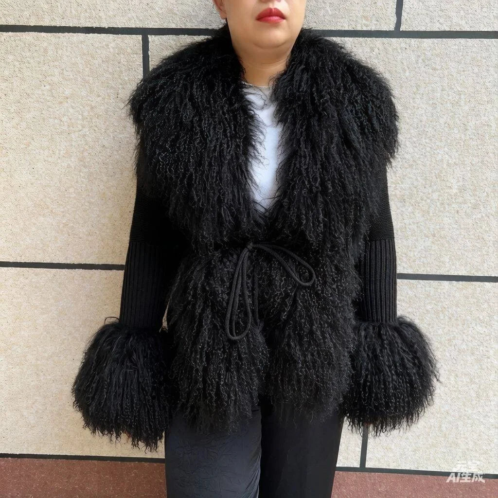 Mongolian Wool Knitted Cardigan Women's Brown Autumn Winter Knitted Cardigan Paired with Real Mongolian Wool Collar Jacket
