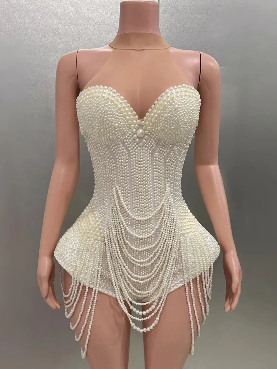 Luxury Pearls Beading Sexy Halter Backless Bodysuit Evening Party Performance Costume Bar Nightclub Singer Dancer Stage Wear