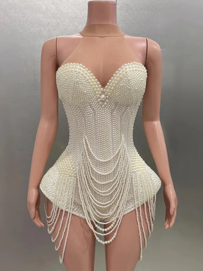 Luxury Pearls Beading Sexy Halter Backless Bodysuit Evening Party Performance Costume Bar Nightclub Singer Dancer Stage Wear