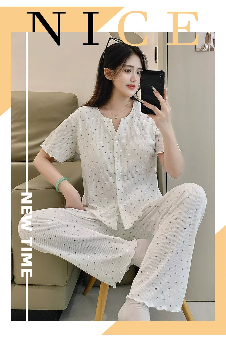 Cotton Fabric Floral Cardigan Printed Pajamas for Women Short-Sleeved Top and Long Pants Sleepwear Homewear Set Ladies Nightwear