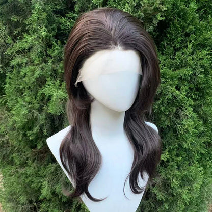 13X4 Glueless Synthetic Lace Front Wigs Brown Color Natural Wave Shoulder Length Layer Ponytails Short Cut Cosplay Wig for Women