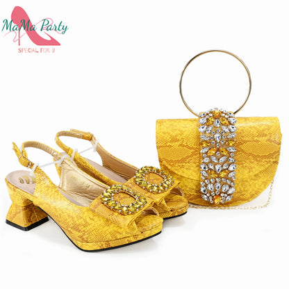 2025 Autumn New Design Specials Italian Women Shoes and Bag Set Pink Color Comfortable Mid Heels With Rhinestone