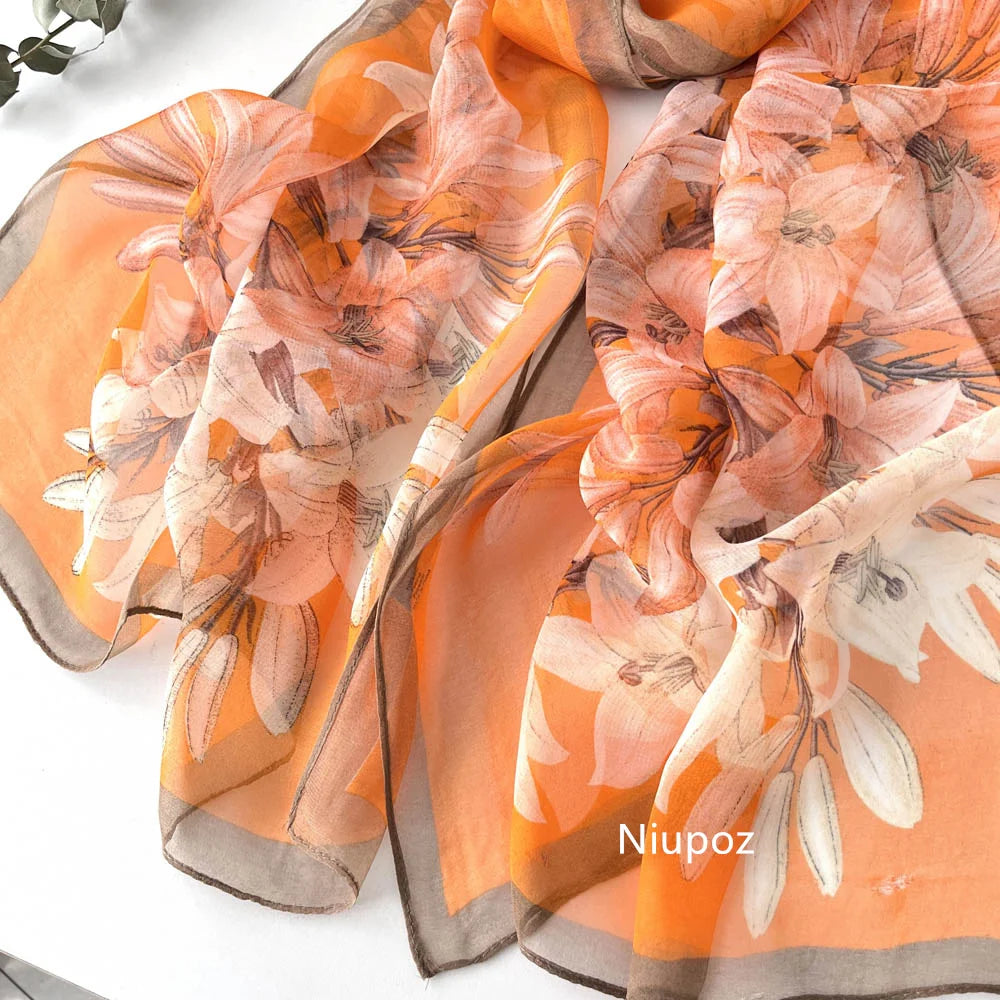Gradient Lily Print Pretty Women Elegant Chiffon Georgette Bandana Scarf Summer Beach Sunscreen Thin Shawl