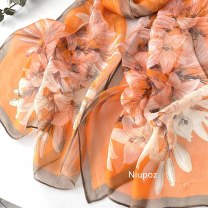 Gradient Lily Print Pretty Women Elegant Chiffon Georgette Bandana Scarf Summer Beach Sunscreen Thin Shawl