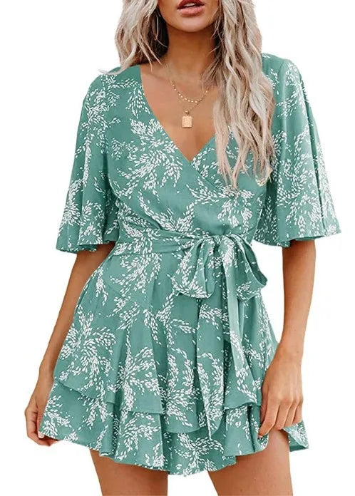 Hot-selling Women's Jumpsuits V-neck Flared Sleeves High Waist Plant Printed Pleated Lace-up Fashion High Street Playsuits