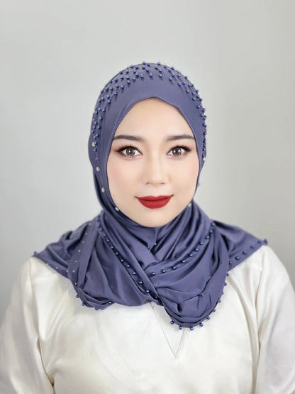 2026 Fashion Versatile Beaded Hijab for Women,Mid-Length Convenient Pull-over Hat Scarf,Malay Shawl Pure Color Women's Headscarf