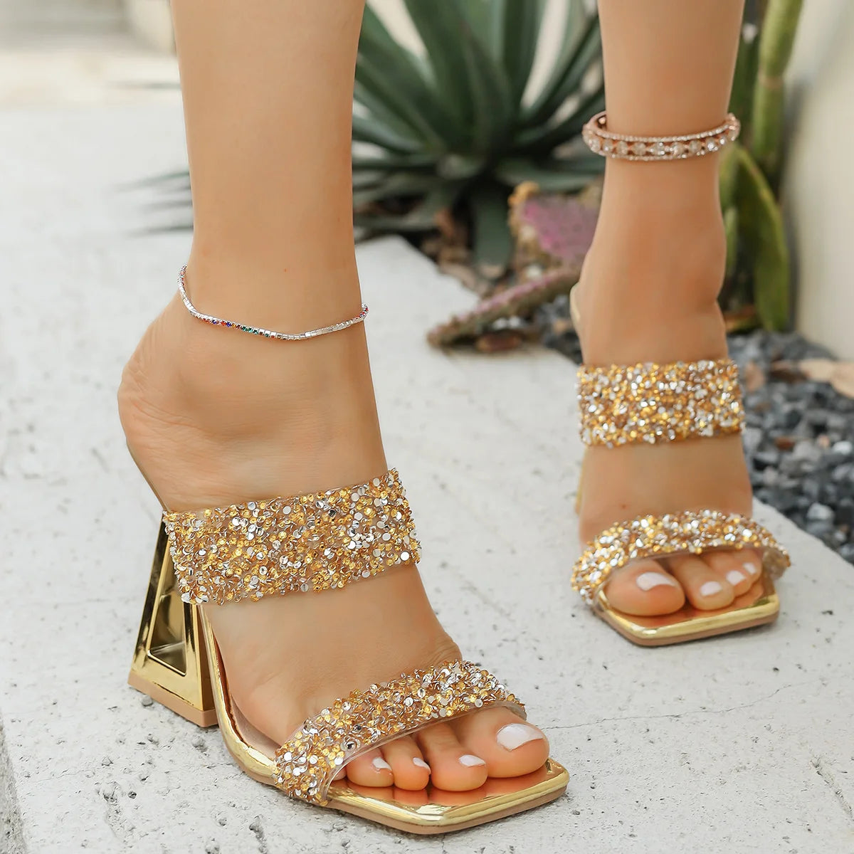 Luxury Women's Shoes Summer Rhinestone Sequins High Heels Wearing One Shoes for Women Elegant Women Sandals Sandalias De Mujer