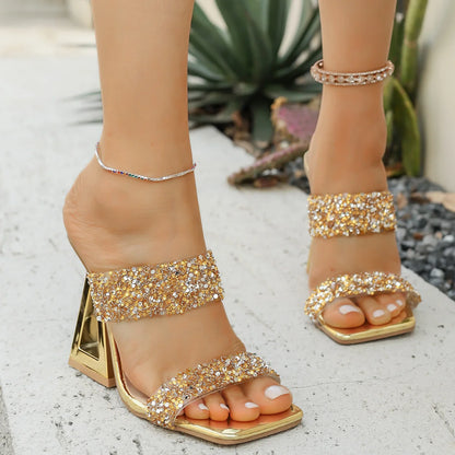 Luxury Women's Shoes Summer Rhinestone Sequins High Heels Wearing One Shoes for Women Elegant Women Sandals Sandalias De Mujer