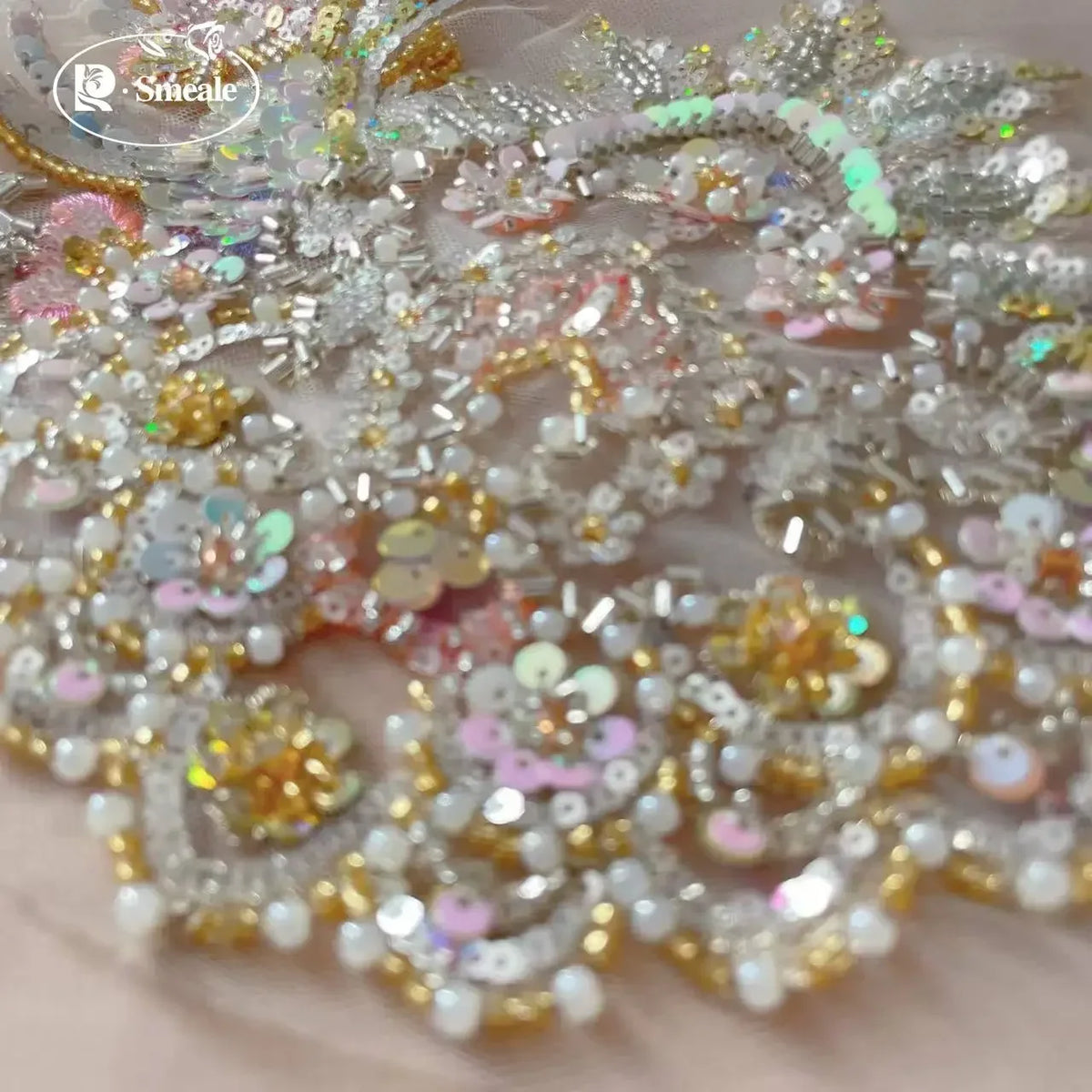 Sequins Bead Embroidery Lace Headwear, Costume Hanfu Belt, Champagne Gold Fish Scale, Performance Costume