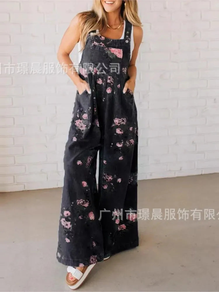 New Summer Women's Fashion Printed Wide-leg Strap Jumpsuit For Women Elegant Loose Party Holiday Casual Jumpsuits Rompers