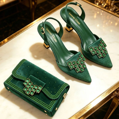 Venus Chan 2026 INS Italy Elegant Rhinestone Pointed Toe High Heels & Matching Bag Set - Perfect for Women's Parties & Weddings
