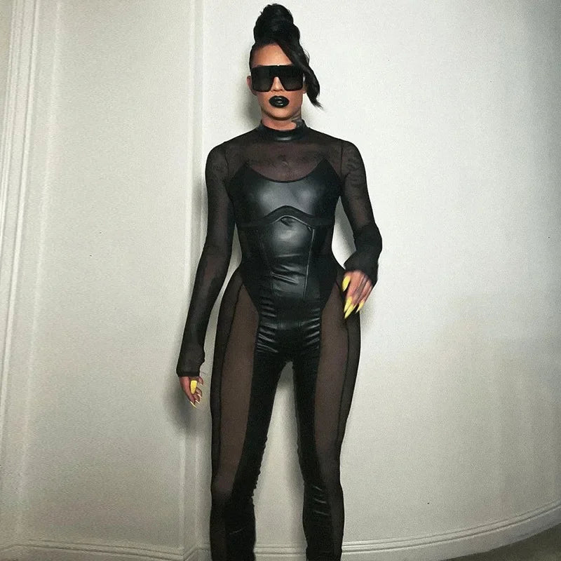 Black Mesh Sheer Bodycon Jumpsuit for Women 2024 Sexy Clubbing Outfits Gothic Punk Black One Piece Techwear C70-EC27