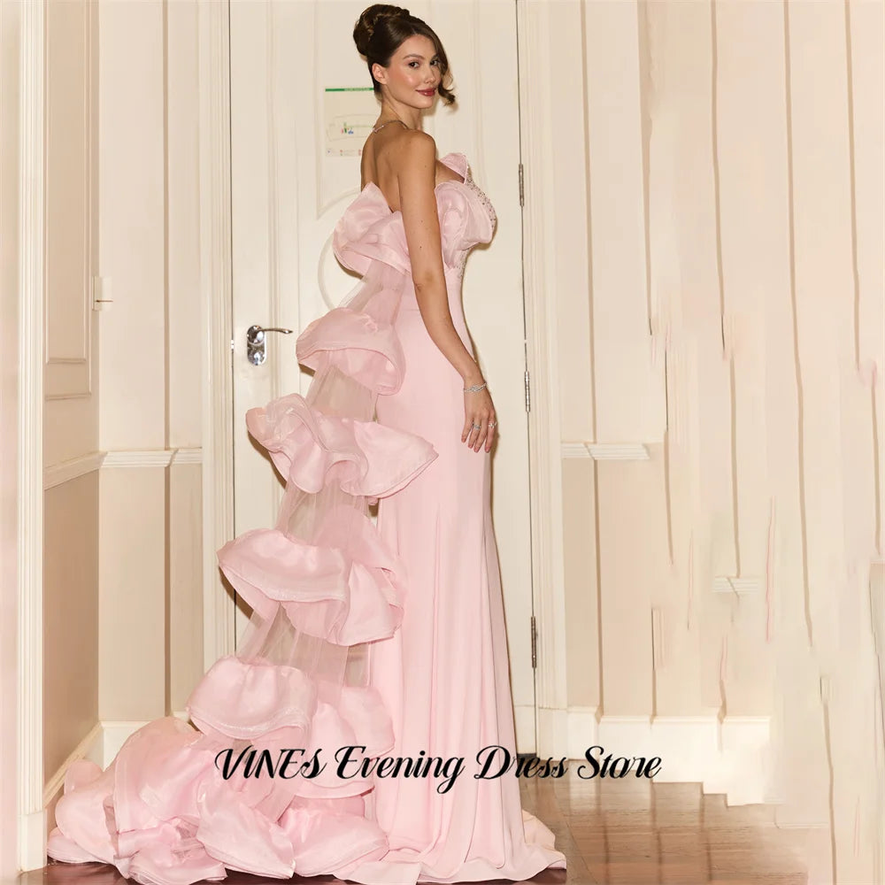 VINES Pink Prom Dresses Strapless Sleeveless Gala Dresses with Train Wrap Hips Saudi Arabic Satin Evening Party Gown Customized