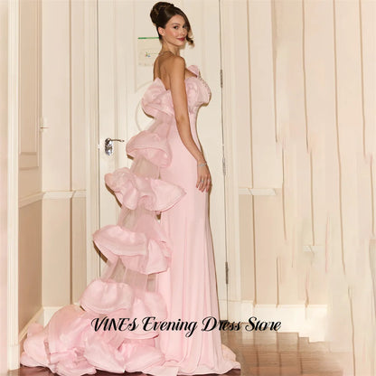 VINES Pink Prom Dresses Strapless Sleeveless Gala Dresses with Train Wrap Hips Saudi Arabic Satin Evening Party Gown Customized