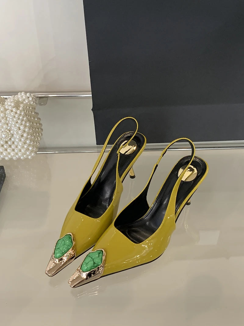 Liyke Fashion Design Inlay Gems Pointed Toe Patent Leather Sexy Slingback Sandals Women Pumps High Heels Wedding Banquet Shoes