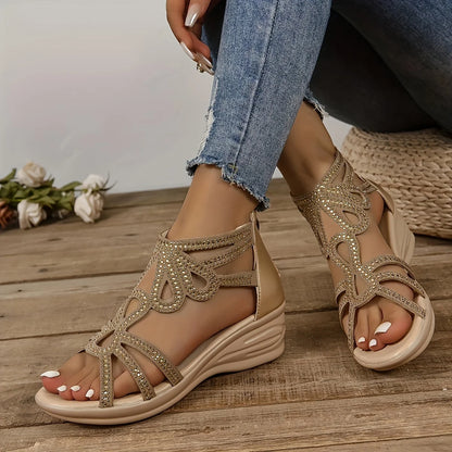 Fashion Wedge Beach Casual Rhinestone Zip-Back Women's Sandals Crystal Upper Luxury Sandals Khaki Big Size 43 Footwear