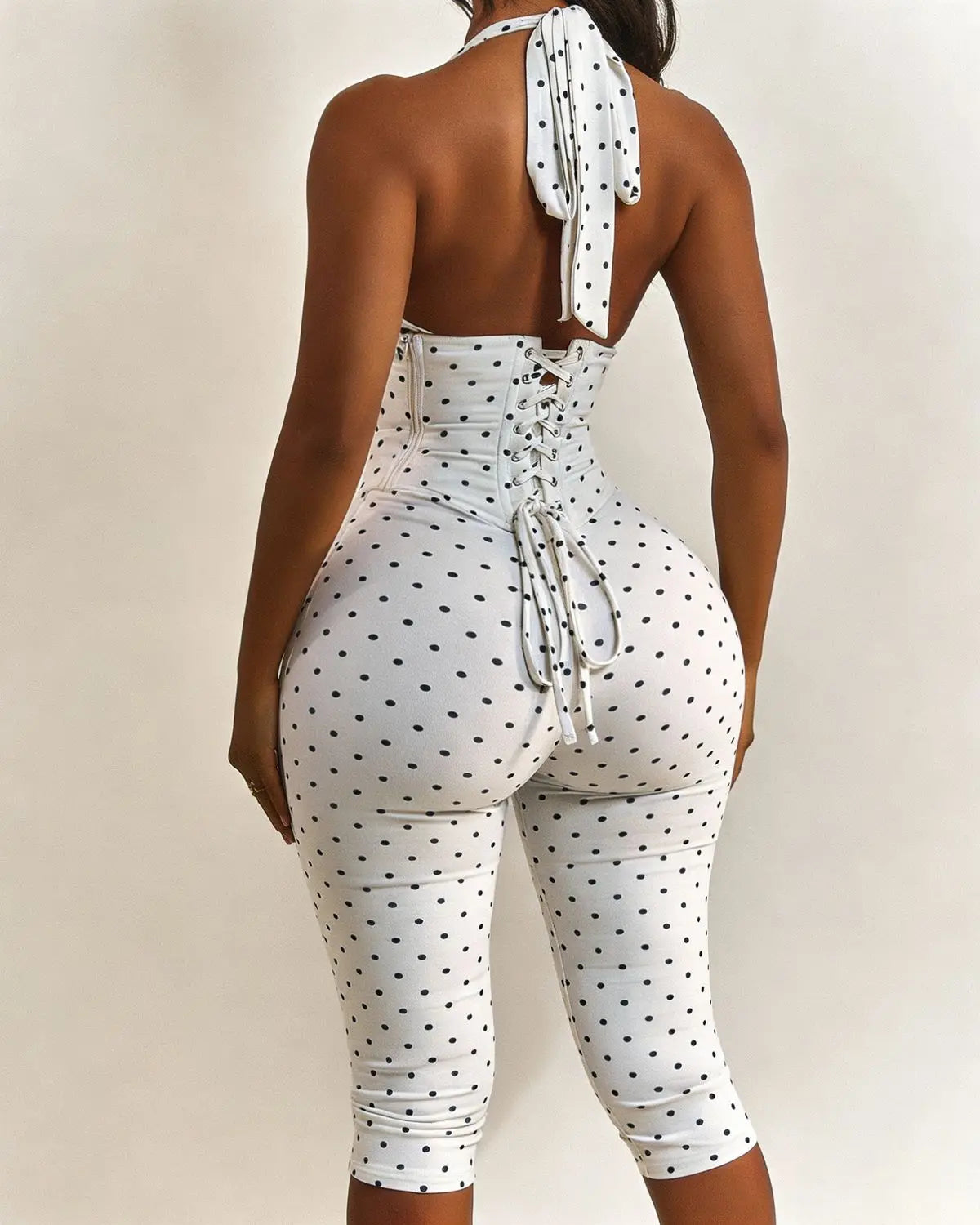 FAGADOER Cute Polka Dot Bodycon Rompers Hot Girl Streetwear Lace Up Bandage Corset Halter Jumpsuits Summer Night Club Playsuits