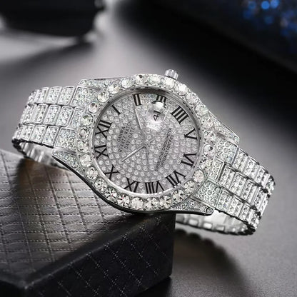 Luxury Gold Sparkling Rhinestone Iced Out Watch Unisex Quartz Calendar Wristwatch Men Women Party Jewelry Clock