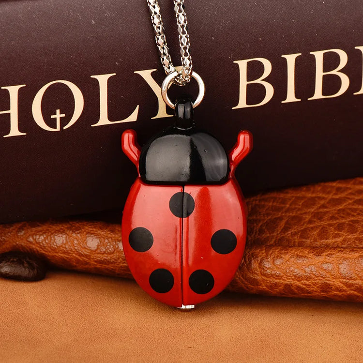 Fashion Small Golden Beetle Pocket Watchs, Cute New Adult Children Ladybug Watch,with Chain Lightweight Necklace Pendant Clock