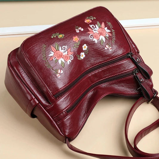 Embroidery Flowers Shoulder Messenger Bag Female Handbags Luxury Designer Purses Soft PU Leather Crossbody Women's Evening Bag