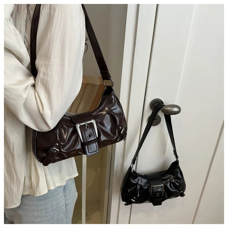 Fashion Pleated Lock Design Women's PU Shoulder Bags Simple Solid Color Ladies Underarm Bag Portable Cool Girls Phone Handbag