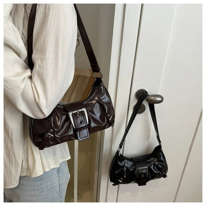 Fashion Pleated Lock Design Women's PU Shoulder Bags Simple Solid Color Ladies Underarm Bag Portable Cool Girls Phone Handbag