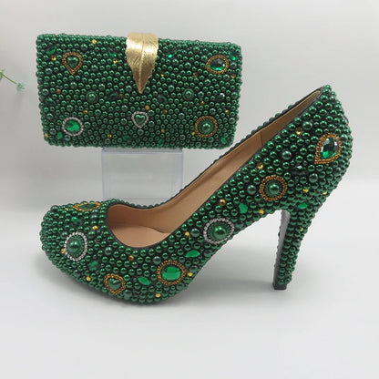 Fashion New Arrival Green Pearl Bridal Shoes and Bag Set Woman Party Dress Shoes Big Size Ankle Strap Buckle Shoes High Pumps