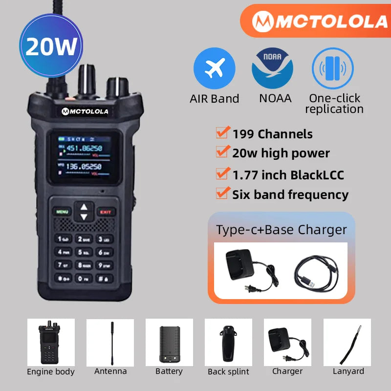 MOTOLOLA 1PCS 20W High Power Outdoor Intercom VHF UHF Dual Frequency Amateur Radio Flashlight High Charge Handheld Walkie Talkie