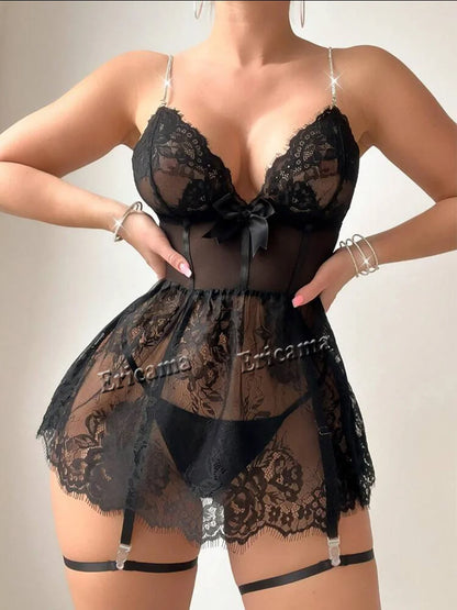 Sexy Lingerie Set Erotic Dress Lace Crotchless Sleepwear Pajamas Transparent Nightgown G-string for women Adult Nightdress