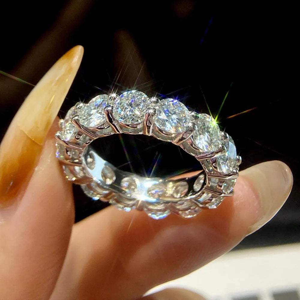 FEOBUR 5mm D Color Moissanite Ring with Certificate Women S925 Sterling Silver Full Diamond Eternity Band Wedding Jewelry Gift