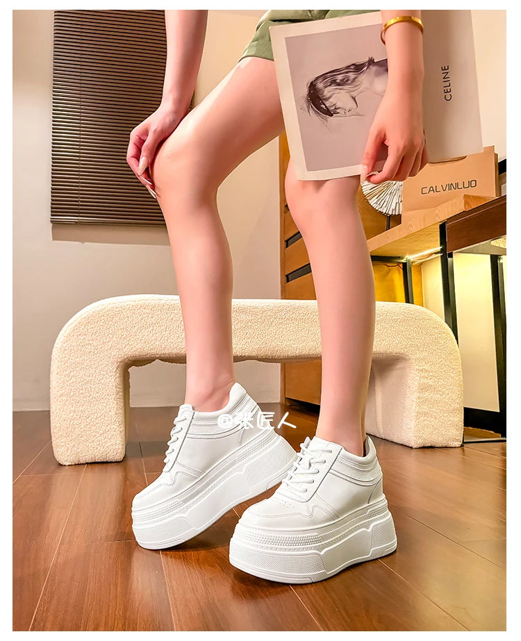 10-14cm Chunky Sneakers Women Platform Shoes Elevator Shoe White Mesh Breathable Sneakers Real Leather Increasing Shoes
