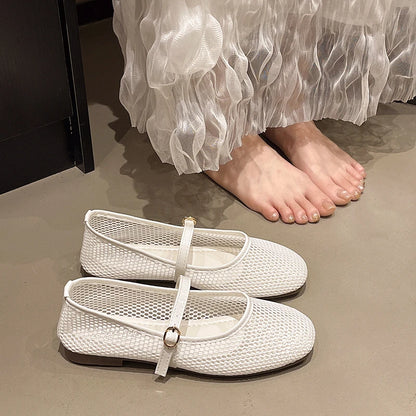 Women Luxury Sandals Flats Shallow Beach Comfort Retro Female Mary Jane Fishing Net Ballet Shoes Women's Soft Bottom Flat Hollow