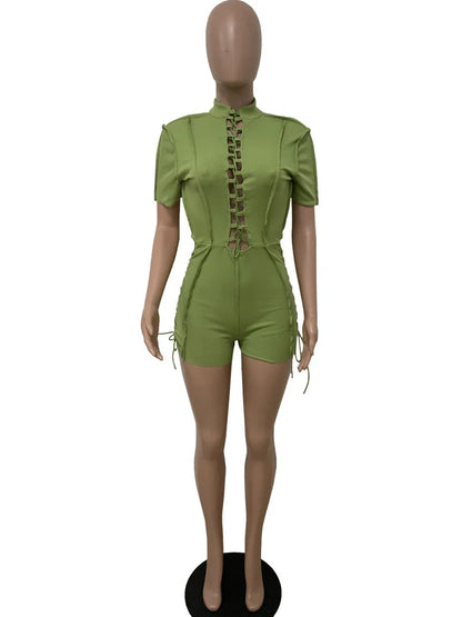 Wholesale Streetwear Jumpsuit Women 2023 One-pieces Outfits Rompers Summer Green Short Sleeve Bodycon Casual Bandage Playsuits