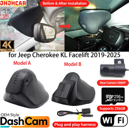 for Jeep Cherokee KL Facelift 2019-2025 Plug and Play Wifi OEM DVR 4K Dash Cam Front Rear Camera Night Vision Video Recorder