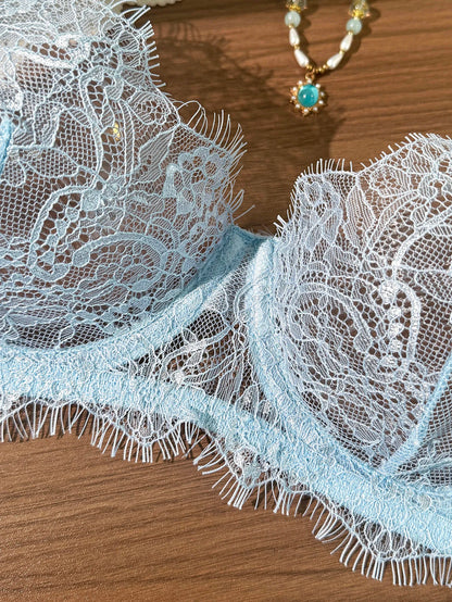 Ladies' Basic Style Thin Lace Bra And Panty Set Seamless Single Layer Eyelet Underwear Comfortable Intimate Apparel