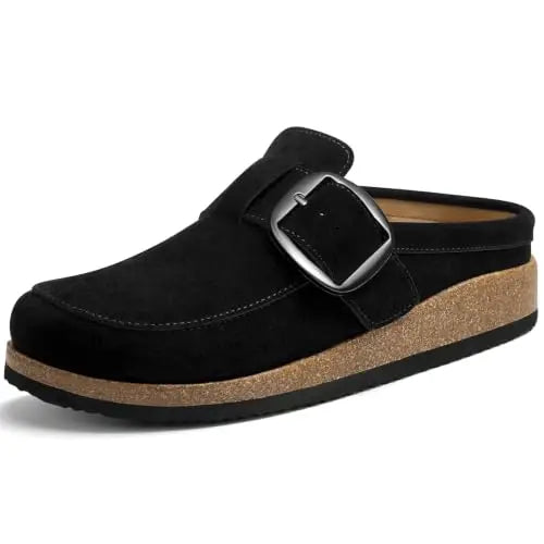 Evshine Women Loafer Style Clog Slippers Vegan Leather Adjustable Big Buckle Cork Footbed Casual Ladies House Home Slippers