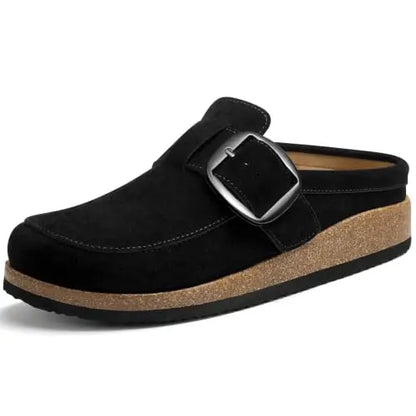 Evshine Women Loafer Style Clog Slippers Vegan Leather Adjustable Big Buckle Cork Footbed Casual Ladies House Home Slippers