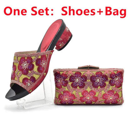 New Arrival Green Color Nigerian Shoes and Matching Bags Set Italian Ladies Shoes and Bags To Match Set Decorated with Rhinstone
