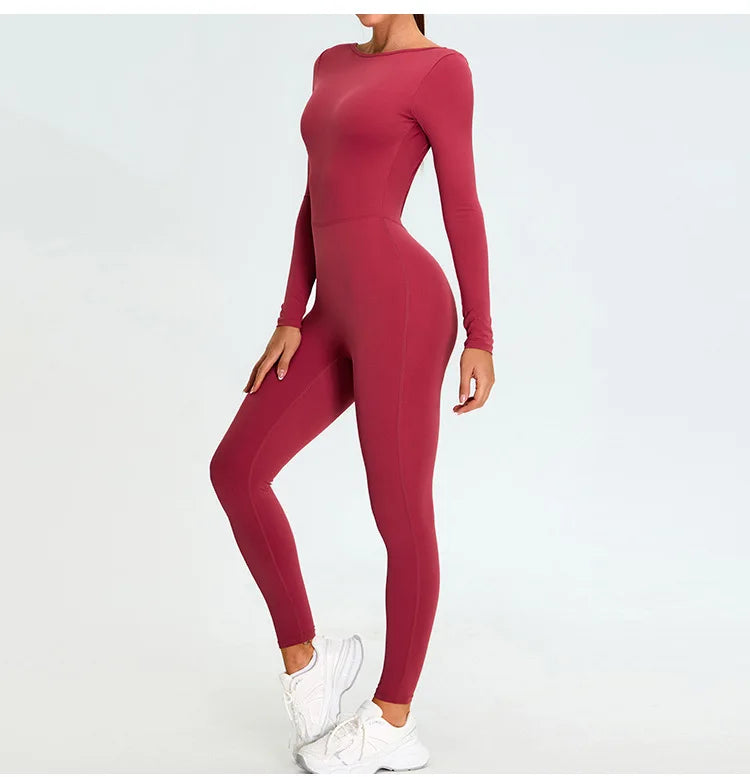 New Summer Sexy V Back Gym Sports Jumpsuit Yoga Clothes Rompers Women Long Sleeveles Workout Bodysuits Backless One-piece Suit