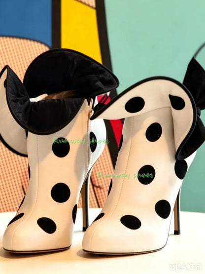 Black And White Polka Dots Ankle Boots Equipped With Large Bow With Ruffles Boot Pointed Tip Stiletto Heels Party Women's Boots
