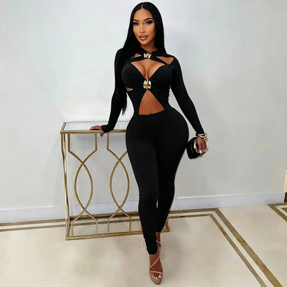Sexy Hot Girl Cropped Openwork Metal Zipper Long Sleeve Solid Color Leggings